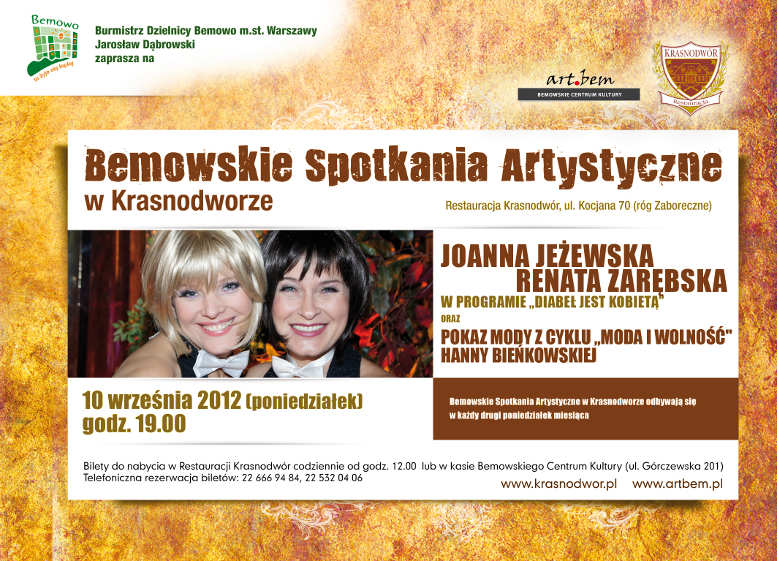 Hanna Bieńkowska ma zaszczyt zaprosić Państwa na pokaz autorskiej kolekcji na każdą figurę i rozmiar 
			Moda i Wolność.Prowadzenie i komentarz: Jagoda Komorowska. Restauracja Krasnodwór, Kocjana 70 (róg Zaboreczne), Warszawa.
			Poniedziałek 10.09.2012, godz. 19.oo. Serdecznie zapraszamy!